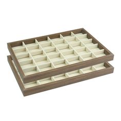 two wooden trays with compartments on each side