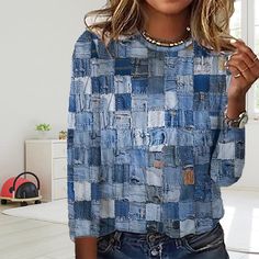 Classic Blue Check T-Shirt Blue best Best Sellings clothes Plus Size Sale tops Topseller Återvinna Jeans, Denim Ideas, Shirt 2023, Neckline Designs, Meet Friends, Long Sleeve Tops Casual, Blue Check, High Quality T Shirts, Classic Blue