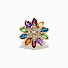 Effy Mosaic 14K Yellow Gold Multi Stone and Diamond Flower Ring Diamond Flower Ring, Diamond Flower Pendant, Rainbow Flower, Rose Gold Quartz, Pearl And Diamond Ring, Bee Earrings, Diamond Flower, Diamond Gold, Pearl Diamond