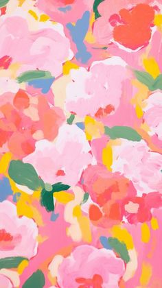 an abstract painting of pink and yellow flowers