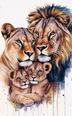 a painting of two lions with their cubs