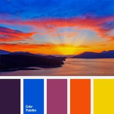 an image of the sun setting over water with color swatches to match it's palette