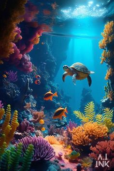 a turtle swimming in the ocean surrounded by corals and other marine life on display