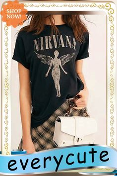 Women's Fashion Print T-shirt Tops Grunge Style Text Print Tops For Fall, Grunge Text Print T-shirt For Fall, Grunge T-shirt With Text Print For Fall, Grunge Fall T-shirt With Text Print, Summer Band Merch Tops With Crew Neck, Summer Band Merch Crew Neck Top, Grunge Relaxed Fit Top With Sublimation Print, Spring Grunge Tops With Front Print, Band Merch Tops With Text Print For Fall