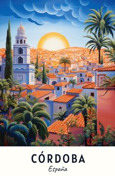 a painting of a city with palm trees