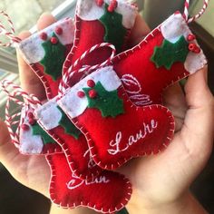 handmade christmas stockings ornament with name and holly