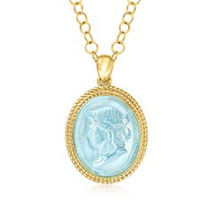 Italian Tagliamonte Blue Venetian Glass Pendant Necklace Over Sterling. 18". Hosting classic Italian-made charm, this Tagliamonte necklace adds a dash of sophistication to any outfit in an instant. The 15x20mm Venetian glass pendant depicts the cameo of a woman in a cool blue hue, which pops inside its roped-edge border of 18kt yellow gold over sterling silver. Suspends from a cable chain with a 2" extender. Lobster clasp, Tagliamonte blue Venetian glass pendant necklace. Blue Medallion Necklace With Coin Pendant, Elegant Blue Necklace With Coin Pendant, Blue Cameo Necklace For Formal Occasions, Blue Charm, 2024 Style, Gold Locket, Fine Jewelery, 25th Birthday, Jewelry Essentials