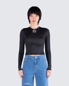 Your new fav everyday staple 🖤 Made from stretch jersey fabric, and complete with long sleeves, and a bodycon fit - this black top is a NEED for all our baddies. Sleek, simple, and sexy... what more could you want 😏 Trendy Stretch Long Sleeve Top, Trendy Stretch Long Sleeve Top In Elastane, Trendy Stretch Elastane Long Sleeve Top, Sleek Black Bodycon Tops, Trendy Long Sleeve Bodycon Top, Trendy Bodycon Long Sleeve Tops, Sleek Stretch Tops For Club, Stretch Elastane Tops For Club, Fitted Black Long Sleeve Top In Elastane