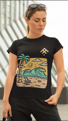 Beautiful Summer Women's short sleeve t-shirt Casual Beach T-shirt With Graphic Design, Beach Graphic Cotton Tops, Beach Cotton Tops With Graphic Design, Cotton Beach Tops With Graphic Design, Beach Graphic Crew Neck T-shirt, Beach Graphic Tee With Graphic Design, Casual Beach Tops With Graphic Design, Summer Cotton T-shirt With Branding, Beach Crew Neck T-shirt With Graphic Design