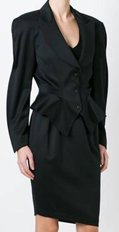 Iconic Thierry Mugler Black Wool Suit   | From a collection of rare vintage suits, outfits and ensembles at https://www.1stdibs.com/fashion/clothing/suits-outfits-ensembles/ Tailored Black Skirt Suit For Business, Black Fall Business Skirt Suit, Black Skirt Suit With Suit Collar For Formal Occasions, Black Skirt Suit For Business In Fall, Black Fall Skirt Suit For Business, Classic Black Skirt Suit For Business, Elegant Black Single Breasted Skirt Suit, Black Skirt Suit With Buttons For Work, Black Single Breasted Skirt Suit For Work