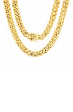 A heavy curb chain necklace is cast in durable yellow gold plated stainless steel. 18K yellow gold plated stainless steel curb chain necklace. Box clasp with safety latches. Approx. 24" L x 12mm W. Imported Gold Plated Cuban Link Chain Necklace Tarnish Resistant, Gold-plated Cuban Link Chain Necklace, Gold Plated Cuban Link Chain Necklace, Gold-plated Cuban Link Necklace, Gold Cuban Link Necklace With Chunky Chain, Gold-tone Cuban Link Necklace, Cuban Link Gold Chain Necklace, Gold Cuban Link Necklace With Curb Chain, Gold-tone Cuban Link Chain Necklace With Curb Chain