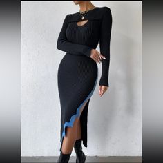 Black Sweater Dress With Blue Black Stretch Midi Dress For Winter, Trendy Black Winter Dress, Black Winter Club Midi Dress, Black Midi Dress For Club In Winter, Black Midi Dress For Winter Clubbing, Trendy Black Long Sleeve Midi Dress, Trendy Long Sleeve Black Midi Dress, Winter Black Bodycon Midi Dress, Trendy Black Midi Dress For Evening