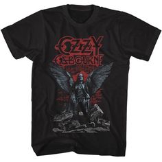 a black t - shirt with an image of a demon on the chest and wings