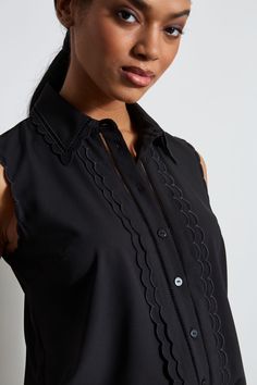 It's all in the details! The easiest shirt for Summer is elevated with scallop detailing on the collar & placket. Timeless & ultra-chic, this top will take you from desk to dinner all season long. Sleeveless Detailed Button Down Shirt Runs true to size. 91% Polyester, 9% Spandex Model is 5'9" and wearing size S Imported Style #: ETR41344 Elegant Sleeveless Tops With Scalloped Edges, Elegant Fitted Blouse With Scalloped Edges, Elegant Blouse With Scalloped Edges, Chic Fitted Blouse With Scalloped Edges, Elegant Sleeveless Shirt For Workwear, Chic Summer Blouse With Scalloped Edges, Chic Blouse With Scalloped Edges For Summer, Chic Scalloped Edges Blouse For Summer, Sleeveless Button Down Shirt