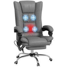 a gray office chair with blue lights on it's back and armrests