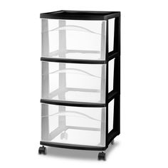 three drawers with wheels on each side and two clear bins on the other side