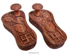 Paduka Details : Carved Red Sandalwood Charan Paduka. Pakuka is India's oldest, most quintessential footwear. The shoes are little more than a sole with a post and knob, which engaged between the big and second Toe. The Pakuka shoes exists in a variety of forms and materials throughout India. They are also made in varying shapes. This pair is elaborately carved and shaped as a foot. Although simple wooden padukas could be worn by common people, padukas of fine teak, ebony and sandalwood with ivo Traditional Sandals With Wooden Heel And Open Toe, Traditional Open Toe Sandals With Wooden Heel, Traditional Closed Toe Clogs, Traditional Open Toe Clogs With Leather Sole, Red Sandalwood, Rudraksha Mala, Knotted Mala, Rudraksha Beads, Common People