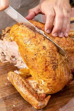 a person cutting up a turkey with a knife