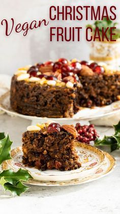 a slice of vegan christmas fruit cake on a plate