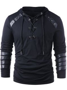 Leather Hoodie, Patchwork Sweatshirt, Blouse Man, Style Masculin, Herren Outfit, Winter Hoodies, Leather Sleeve, Black Shirt Dress, Drawstring Hoodie