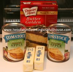 three cans of butter and two slices of cake next to each other