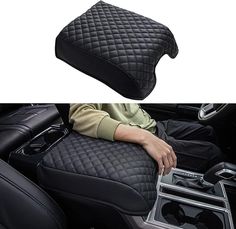 the inside and outside view of a car seat cover with an image of a person sitting in it