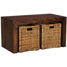 two wicker baskets under a wooden shelf