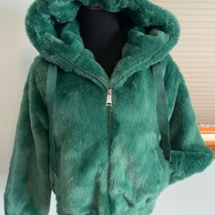 Philosophy Green Faux Fur Jacket, Size X Small, New With Tags! Trendy Hooded Fur Coat For Cold Weather, Winter Faux Fur Coat With Zipper Closure, Fall Faux Fur Coat With Fleece Lining, Trendy Hooded Fur Coat For Fall, Casual Faux Fur Coat For Winter, Winter Long Sleeve Fur Coat With Zipper, Casual Faux Fur Outerwear With Pockets, Hooded Faux Fur Outerwear In Solid Color, Solid Hooded Faux Fur Outerwear