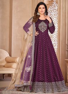 Deep Purple Embroidery Silk Anarkali Suit Red Anarkali Suits, Wedding Salwar Suits, Red Anarkali, Silk Anarkali Suits, Silk Anarkali, Long Anarkali, Anarkali Salwar, Embroidered Anarkali, Abaya Style