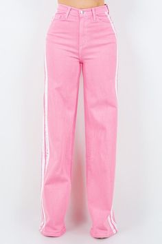 Step up your denim game with our Striped Wide Leg Jean in Pink! These stylish pants feature a high rise fit, front and back pockets, and a front button and zipper closure. But the real standout? The unique hand-painted vintage stripes on the sides, made right here in the USA. Plus, made with soft stretch premium fabrics for comfort with every wear. Style: high rise Silhouette: wide leg Embellishment: side stripe Length: full length Closure: zipper, button Made In: USAFabric Contents: 98% Cotton,