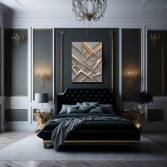 an elegant bedroom with black and gold decor, chandelier and art work on the wall