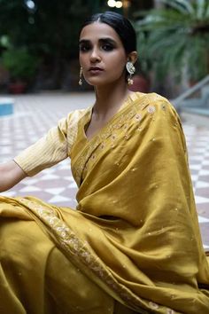 Shop for Deepthee Yellow Silk Embroidered Border Saree With Blouse for Women Online at Aza Fashions Yellow Silk Saree, Molten Gold, Zardozi Work, Orange Saree, Border Saree, Embroidered Border, Yellow Silk, Pattern Embroidery, Blouse For Women