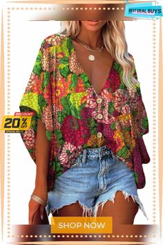 Women's V-neck Batwing Sleeve Digital Printing Blouses Multicolor Floral Print V-neck Blouse, Multicolor Floral Print V-neck Top, Summer Bohemian V-neck Blouse, Casual Floral Print V-neck Top For Summer, Multicolor V-neck Top For Spring, Green Printed V-neck Top, Fall Beach Tops With Split Neck, Multicolor Printed V-neck Blouse, Casual Multicolor V-neck Blouse