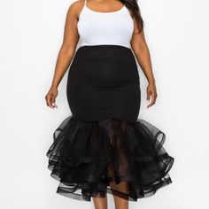 This Women's Black Solid Tiered Layers Midi Mermaid Skirt Adds A Distinctive Finishing Touch To Your Wardrobe. The Sleek Silhouette Accentuates Your Curves With Tiers Of Layers And A Flatteringly Structured Midi Fit. Add A Sultry Edge To Any Ensemble With This Luxuriously Feminine Piece. 100% Polyester Stretch Mermaid Hem Skirt For Night Out, Fitted Black Mermaid Hem Bottoms, Chic Mermaid Hem Skirt For Party, Fitted Black Bottoms With Mermaid Hem, Black Mermaid Hem Bottoms, Spring Party Skirt With Mermaid Hem, Party Skirt With Lined Mermaid Hem, Black Mermaid Hem Party Bottoms, Party Bottoms With Mermaid Hem In Black