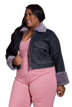 Women's flare jean features comfort with style and personality. Form -flattering shape lift with the flare for added edge. No gaps on the waist and all curves! | Poetic Justice Women's Zip Up Faux Fur Trim Trucker JKT Spring Time Outfits, Designer Plus Size, Womens Flare Jeans, Colorful Jumpsuit, Poetic Justice, Trucker Jacket, Vintage Jacket, Fur Trim, Flare Jeans