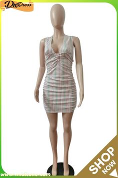 Multicolor Fashion Sexy Striped Print Backless Fold V Neck Sleeveless Dress Fashion Sexy, Sleeveless Dress, V Neck