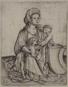 an old drawing of a woman holding a child and sitting on a table with a cloth draped over her head