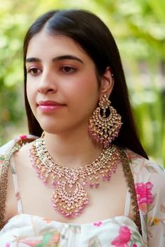 Gold finish clear kundan studded necklace in floral crecent pattern with pink bead and pearl tassels. Comes with pair of earrings and maangtikka. - Aza Fashions Bridal Chandbali Necklace With Mirror Work, Chandbali Necklaces For Eid, Eid Chandbali Necklaces, Pink Jewelry With Latkans For Eid, Pink Kundan Necklace With Latkans, Pink Kundan Necklace For Festive Reception, Kundan Necklace With Mirror Work For Reception, Festive Pink Kundan Necklace For Reception, Elegant Pink Kundan Necklace For Festivals