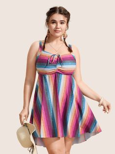 Contrast Striped Tie Knot Swim Dress Striped Knee-length Mini Dress For The Beach, Striped A-line Vacation Dress, Fitted Striped Beach Dress, Striped Mini Dress For Beach Season, Fitted Striped Dresses For The Beach, Multicolor A-line Beach Dress, Striped Beachwear Dresses For Day Out, Striped Lined Beach Dresses, Lined Multicolor Dresses For Beach Season