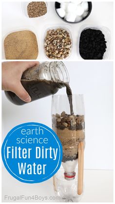 a person pouring water into a glass filled with grains and other ingredients to make an earth science filterr