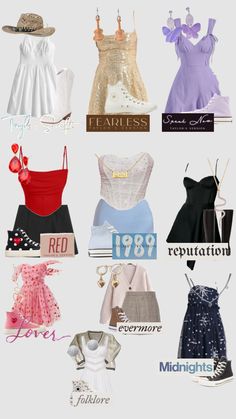 many different types of dresses and hats are shown in this collage with the names of women's clothing