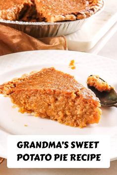 a piece of sweet potato pie on a white plate with a serving spoon next to it