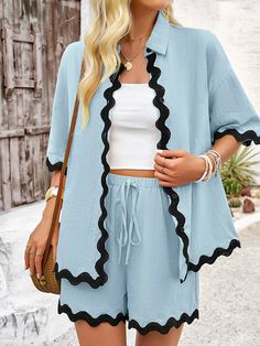 Loose Short Sleeves Split-Joint Lapel Blouse + Drawstring Elasticity Shorts Two Pieces Set SKY BLUE-S Loose Shorts, Two Piece Sets, Two Piece, Short Sleeves, Wardrobe, Blue, Black