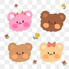 four different colored bears with bows on their heads, one is brown and the other is pink