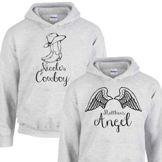 Cowboy & Angel Design Personalized with Your Names Hoodies Personalized Cotton Sweatshirt For Winter, Personalized Relaxed Fit Winter Sweatshirt, Personalized Cotton Hoodie For Winter, Customizable Winter Hoodie Tops, Casual Personalized Cotton Hoodie, Casual Personalized Crew Neck Hoodie, Casual Crew Neck Hoodie With Personalized Details, Casual Crew Neck Hoodie With Personalization, Casual Cotton Hoodie Personalized