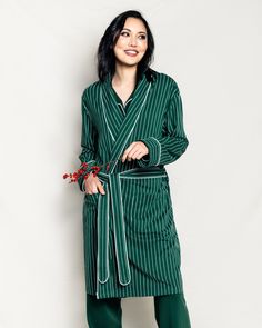 Petite Plume wishes you a “bonne nuit,” and in their luxury sleepwear, it’s hard not to oblige. Crafted in exquisite cotton, with the finest attention to detail, Petite Plume delivers the utmost comfort and sophistication. Crafted from the finest quality yarn-dyed pima cotton, the Luxe Pima Cotton Green Stripe Robe boasts an attractive print, a gorgeous drape, and a smooth, breathable material that makes this robe as soft as it is stylish. Product Details 100% cotton. Care Instructions Machine w Velvet Pajamas, Holiday Aesthetic, Luxury Sleepwear, Classic Pajamas, Cotton Pajamas, Women's Robe, Car Coat, Velvet Trim, Classic Holiday