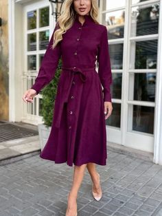 Women's Winter Dress Solid Stand Collar Single Breasted Heavy Weight Midi Dress Purple A-line Midi Dress For Fall, Fall A-line Mini Dress In Solid Color, Casual Fall A-line Midi Dress, Winter A-line Dress For Date Night, A-line Dress For Winter Date Night, Fall Belted Knee-length Mini Dress, Fall Knee-length Belted Mini Dress, Fall Mini Dress Belted Knee-length, Winter A-line Midi Dress For Date Night