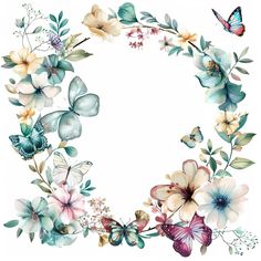 a floral wreath with butterflies and flowers around it