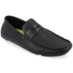 Introducing the Isaiah loafer from Vance Co., a modern and comfortable slip-on option featuring a flat sole, square toe style, and faux leather upper for a sleek and contemporary look. Crafted with a fabric lining and a 6 mm Tru Comfort Foam™ footbed, it offers both style and comfort for various occasions. The durable rubber outer sole ensures reliable support, making the Isaiah a versatile and trendy addition to your footwear collection. Modern Black Moc Toe Loafers, Black Modern Plain Toe Moccasins, Modern Black Plain Toe Moccasins, Black Plain Toe Modern Moccasins, Modern Black Moccasins For Business Casual, Modern Black Flat Slip-ons, Modern Black Slip-ons For Business Casual, Modern Slip-on Moccasins For Business Casual, Business Synthetic Flat Loafers