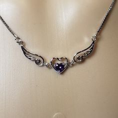 Sterling Silver Heart Wings With Sparkling Purple Crystal Necklace Brand New Dainty And Charming Comes From Smoke And Pet Free Home Dark Purple Necklace, Purple Crystal Necklace, Heart Wings, Fantasy Clothes, Purple Accessories, Heart With Wings, Prom Ideas, Purple Jewelry, Purple Necklace